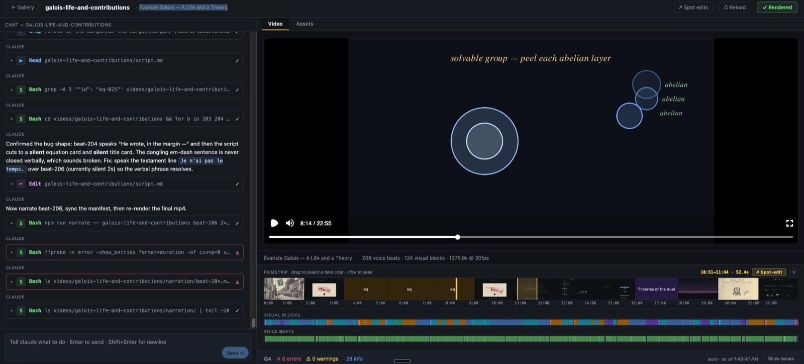 The editor mid-Galois: parent chat left, the player above a filmstrip and the visual-blocks / voice-beats lanes, a time crop selected at 10:51→11:44, QA clean across 208 beats.