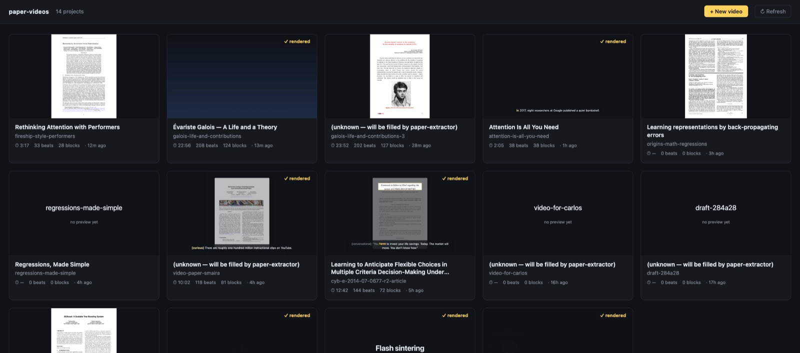 The home gallery: one card per folder in `videos/`, with duration and beat / block counts. Some carry a gold `✓ rendered` pill; the rest are drafts at `0 beats · 0 blocks`, several still titled `(unknown — will be filled by paper-extractor)`.