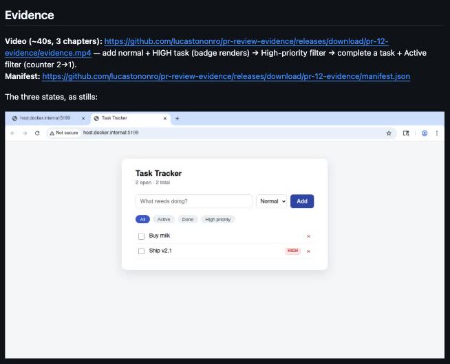 PR #12's evidence section: the release-asset links the uploader printed, then the stills rendering inline