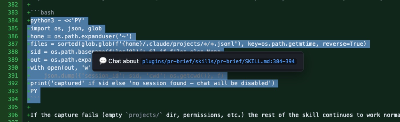 Selecting code in a diff and right-clicking surfaces a "Chat about `path:lines`" item — the whole affordance
