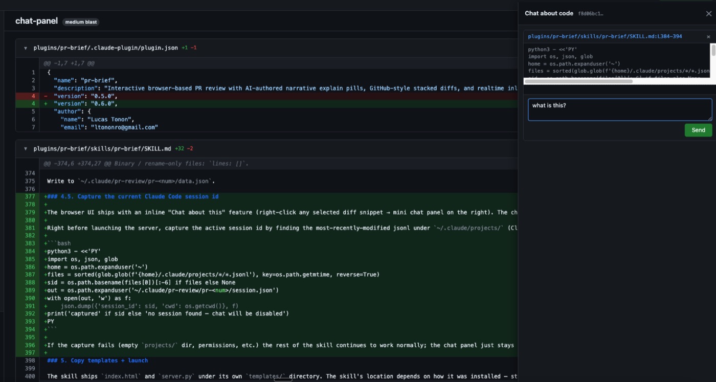 Click it and the drawer opens on the right, pre-loaded with the file, the line range and the selected code, streaming an answer