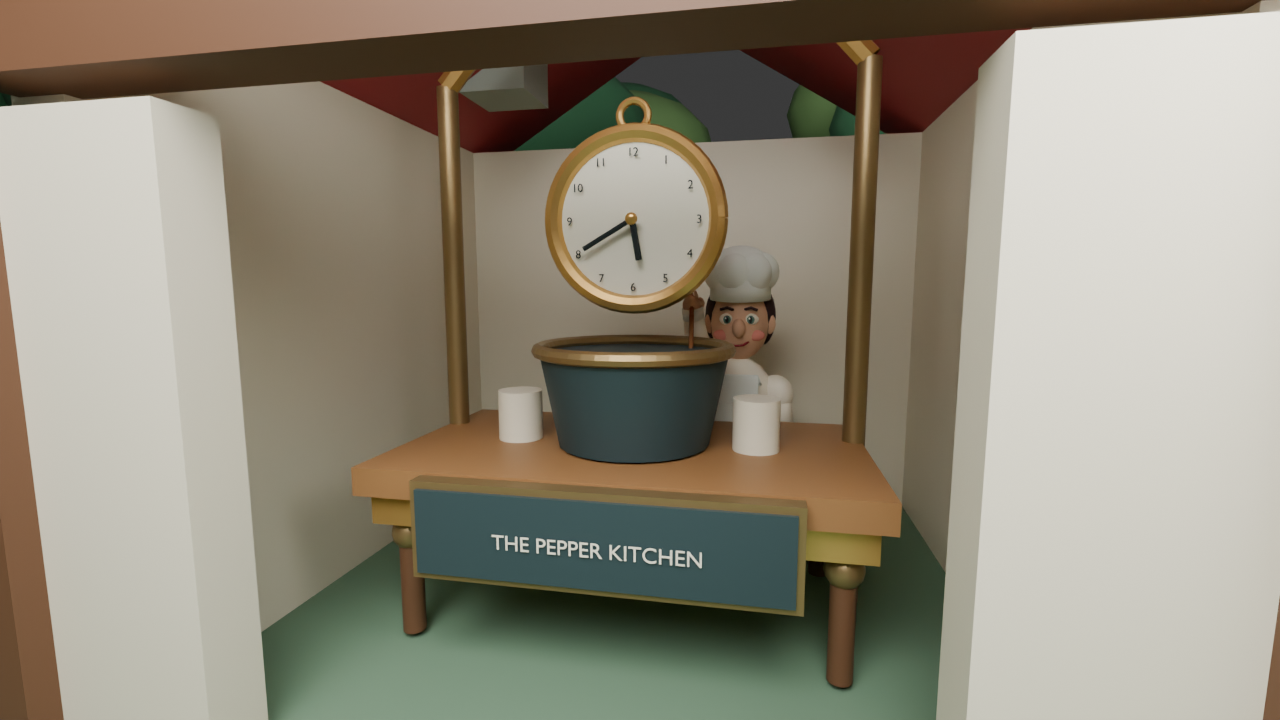 The cook's raised stirring hand and face clear the cauldron in the Blender inspection render.