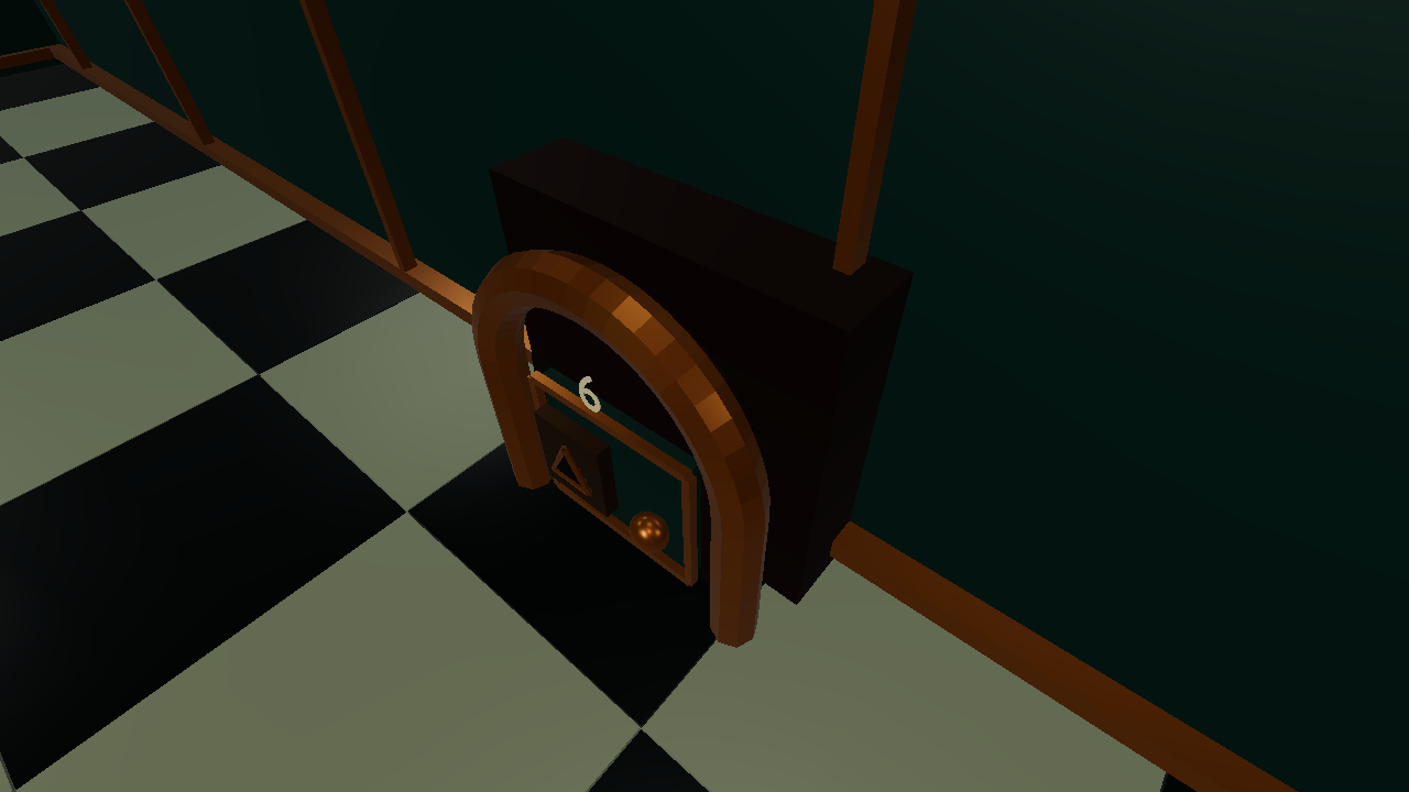 The repaired Door 6 viewed from above and to one side, with a solid casing covering the wall cutout.