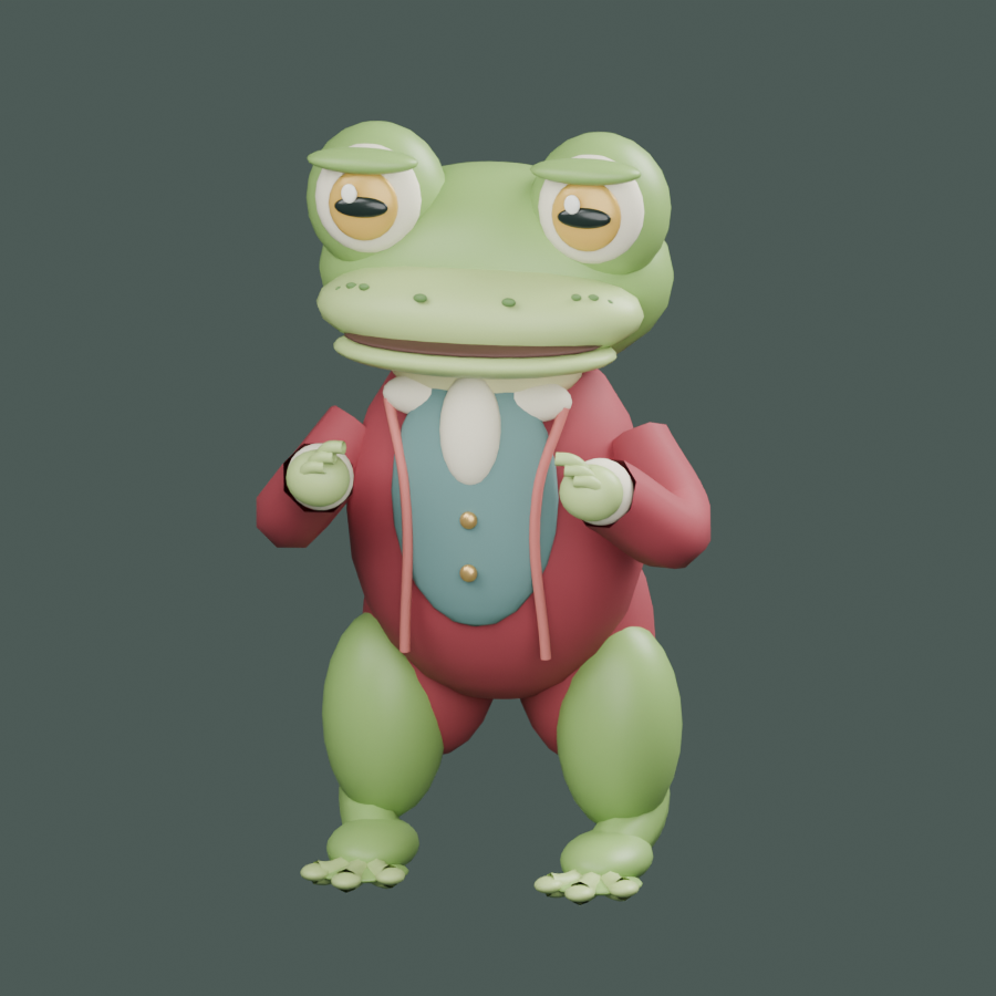 The frog messenger rebuilt in Blender, with separate limbs and facial features.