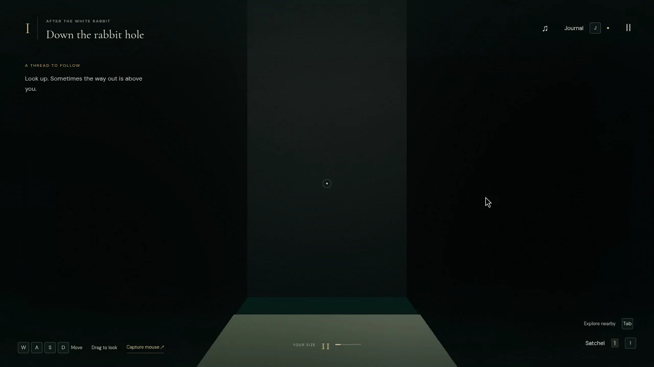 Looking upward inside the passage triggers the move to the woods.