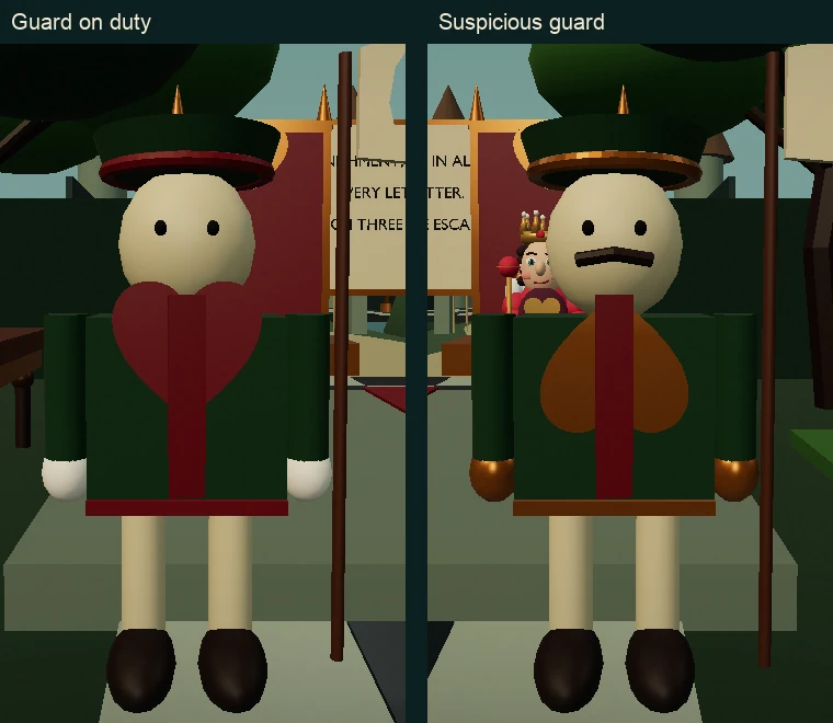 Two cropped examination views, with the guard on duty at left and the disguised guard at right.
